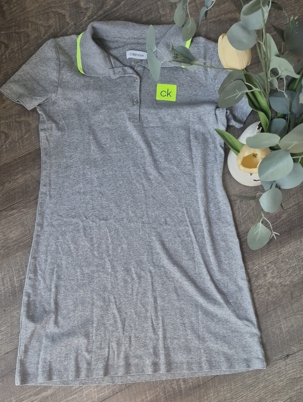 Calvin Klein Gray Polo Dress with Neon Lime Trim Small